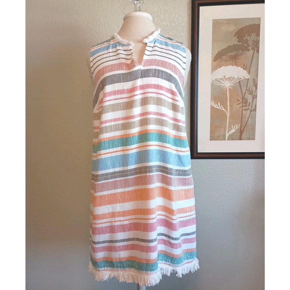 Chelsea & Theodore Size M Shift Dress Sleeveless Pastel Striped Cotton Fringe